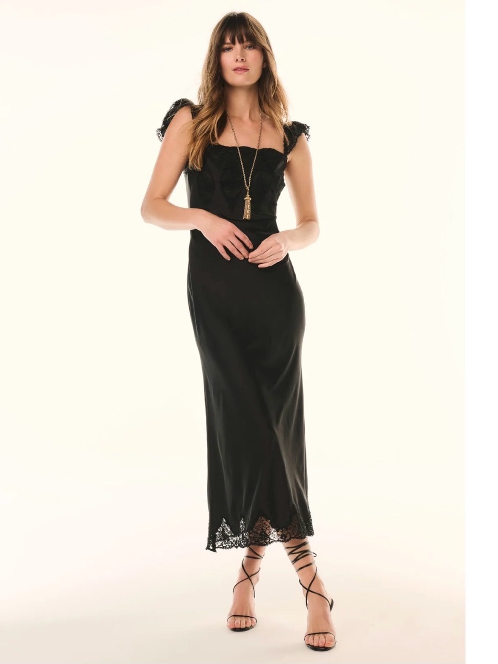 LoveShackFancy Karmine Lace Ruffled Sleeve Slip Dress Black Size Large